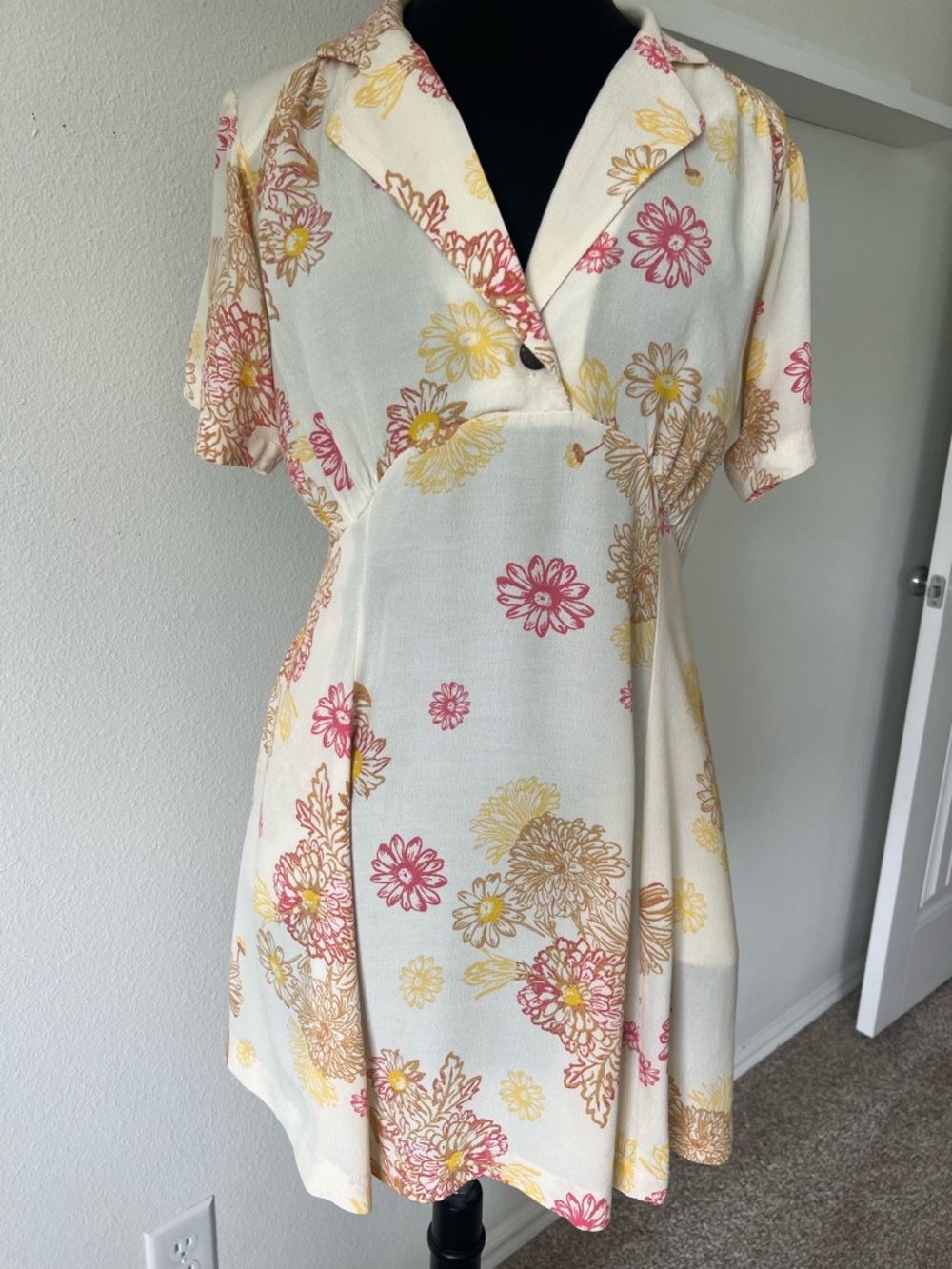Free People Cream Floral Button-Front Mini Dress